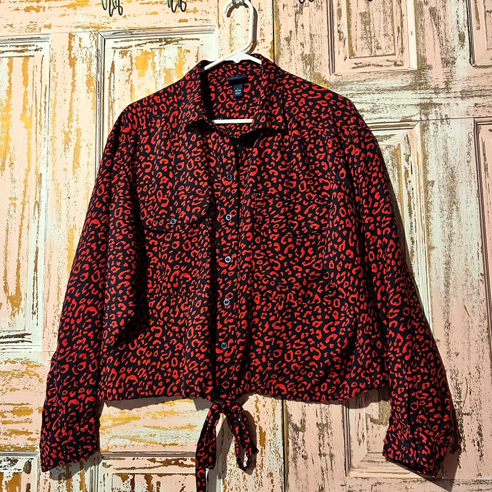 Red Leopard-Print Tie-Front Button Blouse - Women